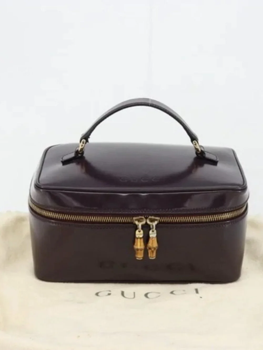 GUCCI Bamboo Vanity Hand Bag Patent leather Navy Gold 032 1956 0150 Auth 182446